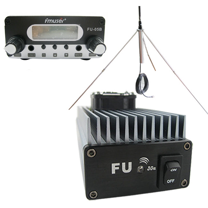 FMUSER FU-30A 30W Професионален засилувач на моќност FM предавател FM возбудувач + 1 / 4 комплет за комплетна антена за FM предавател 85-110MHz