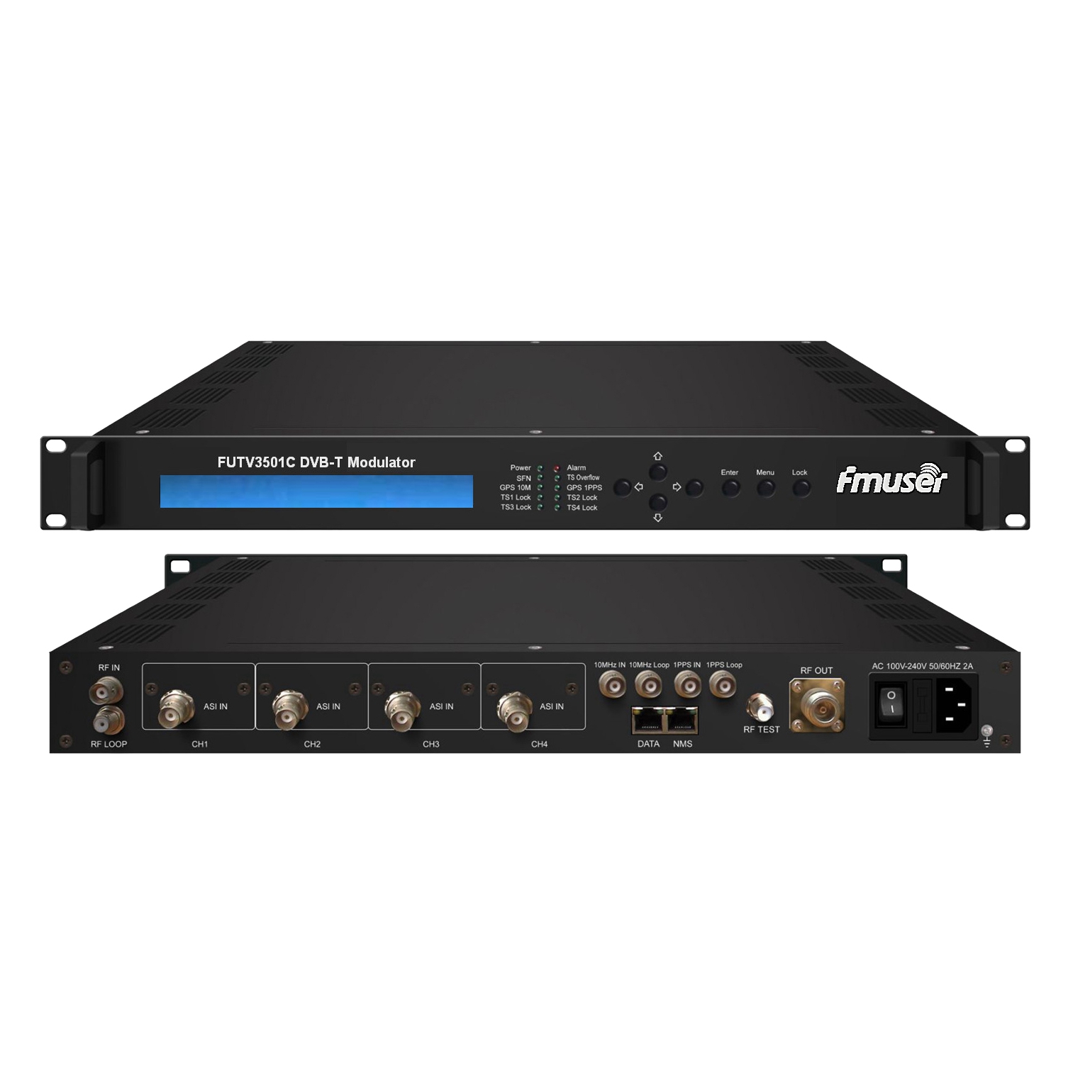 FMUSER FUTV3501C DVB-T المغير (4 * ASI في، 1 * RF DPD بها، DVB-T قياسي) مع جهاز التحكم عن بعد