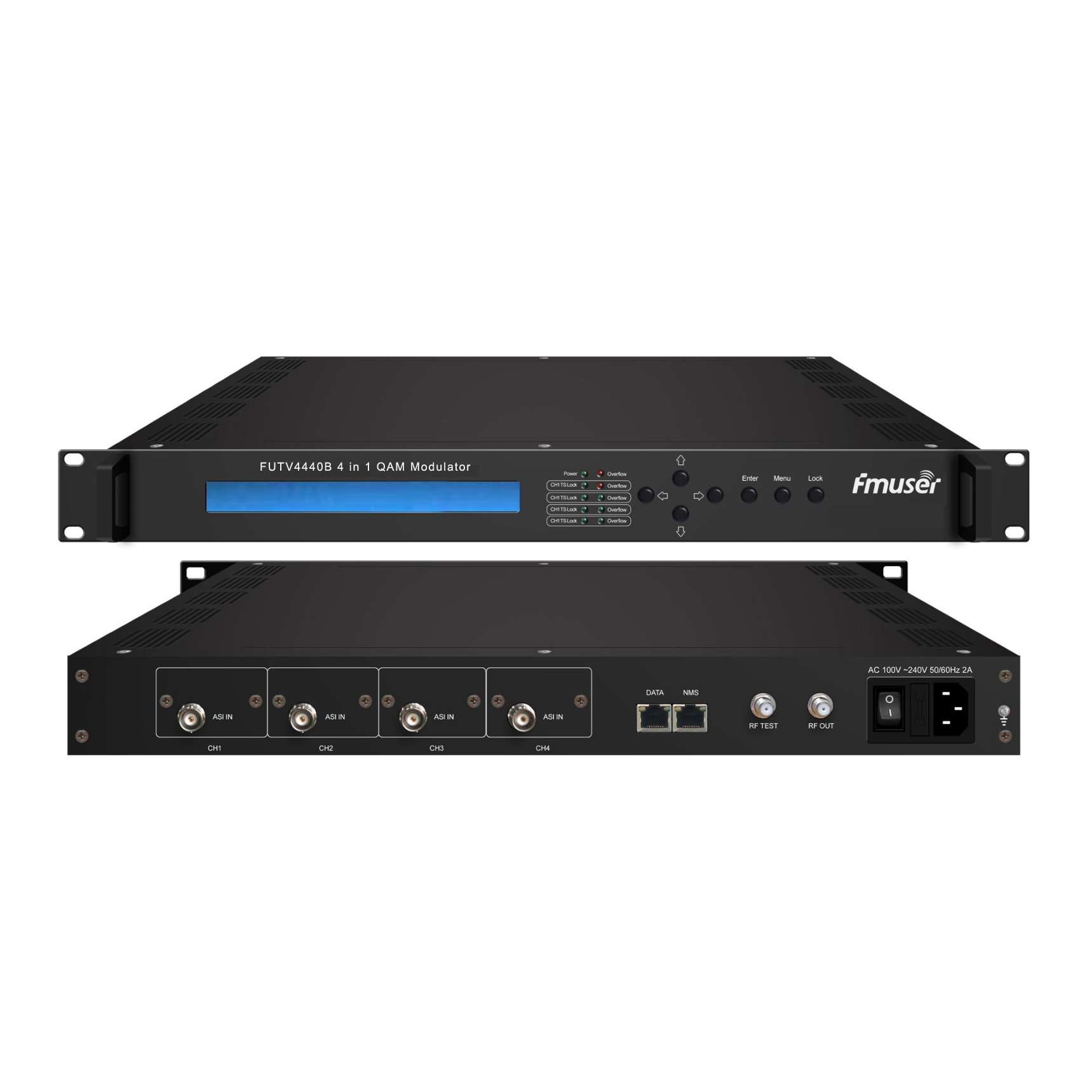 FMUSER FUTV4440B 4 ב1 QAM אפנן (אופציונאלי 4 * אסי מקלט / 4 * DVB-S4 קלט מקלט, יציאה / 4 * QAM / 2 * DVB-S RF) עם הנהלת רשת