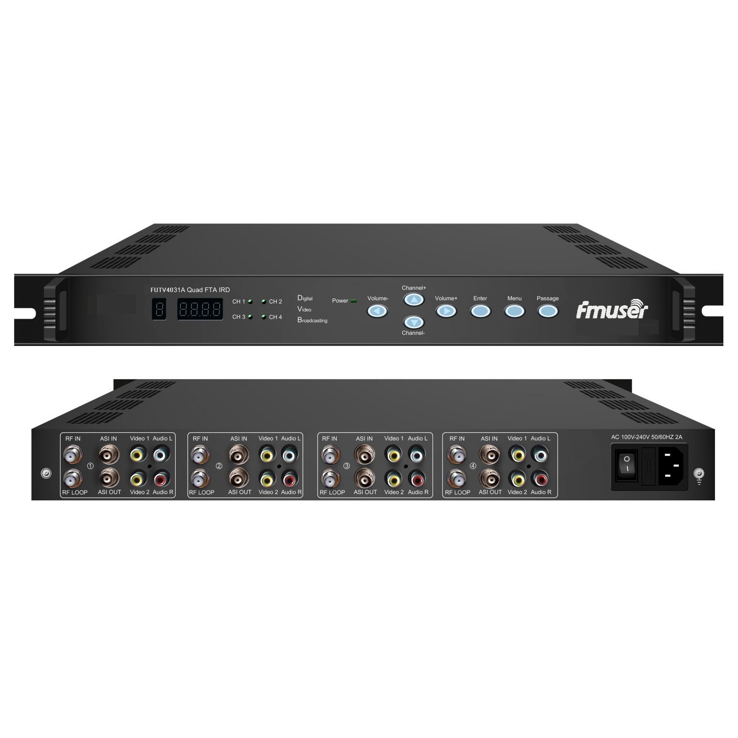FMUSER FUTV4031A Quad FTA IRD სატელიტური მიმღები (4 DVB-S RF შეყვანის, ASI In, ASI გამოყვანის, AV Out) ერთად Demodulating და დეკოდირების