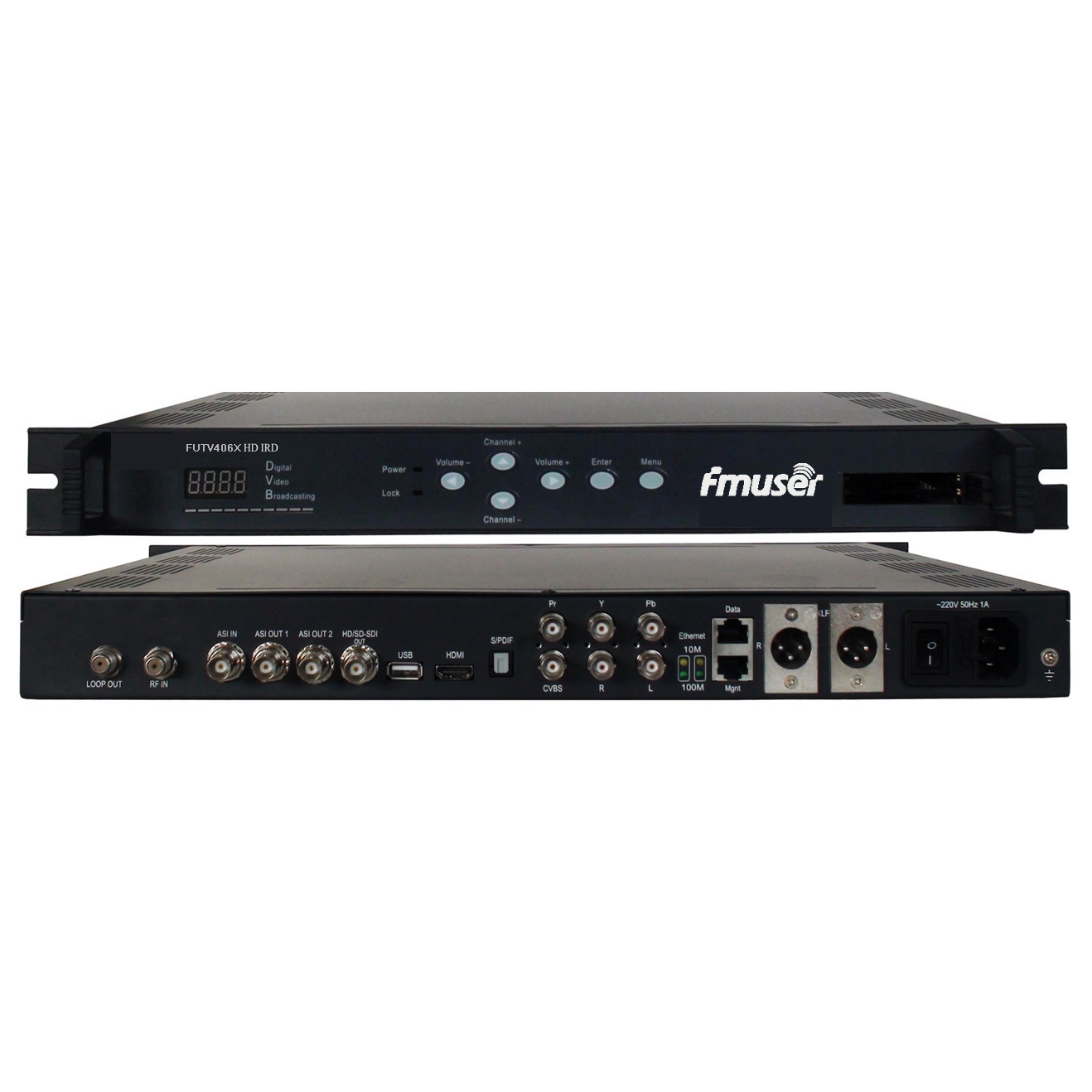 FMUSER FUTV406X HD ir (1 DVB-S / S2 / T / C, ISDB-T RF Antre, 1 asi IP Nan, 2 1 asi IP Sòti, HDMI SDI cvbs XLR Out) ak Mux & bis