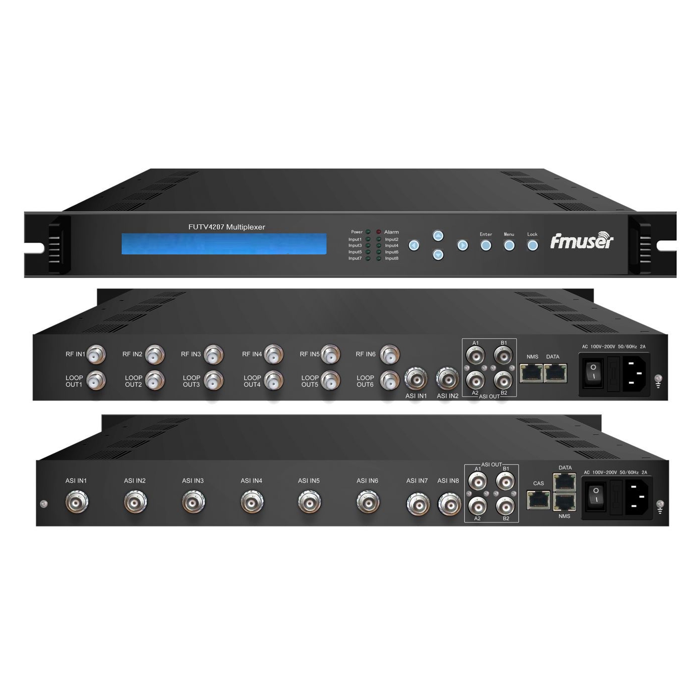 FMUSER FUTV4207X-serie 6 Tuner IRD (2 ASI + 6 DVB-C / DVB-S / DVB-S2 / DVB-T / ISDB / ATSC 8VSB RF-ingång, 8 ASI In, 2 ASI IP-utgång) Multiplexer