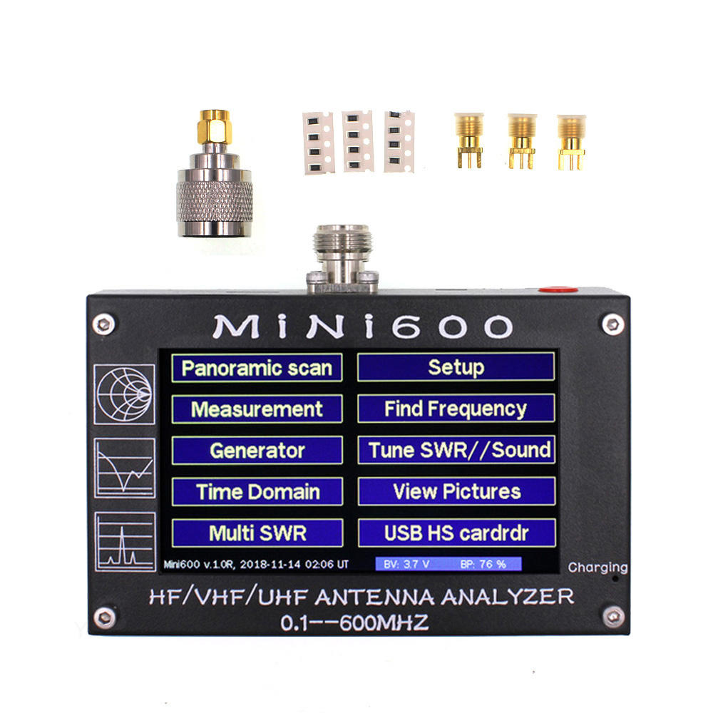 Analizador de antena FUMSER MiNi600, KKmoon 5V 1.5A HF VHF UHF Analizador de antena 0.1-600MHz Contador de frecuencia Medidor de SWR 1.0-1999 con pantalla táctil TFT LCD de 4.3 "