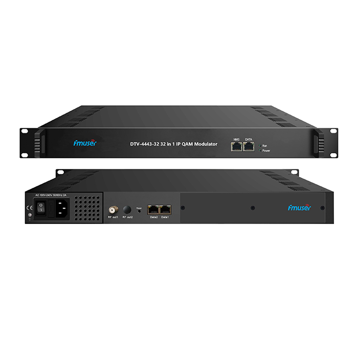 FMUSER DTV-4443-512/1024/1536/512IP (MPTS или SPTS) через 3/6 портов GE (UDP/RTP) в 32 модуляторах RF QAM (DVB-C) с мультиплексным скремблированием