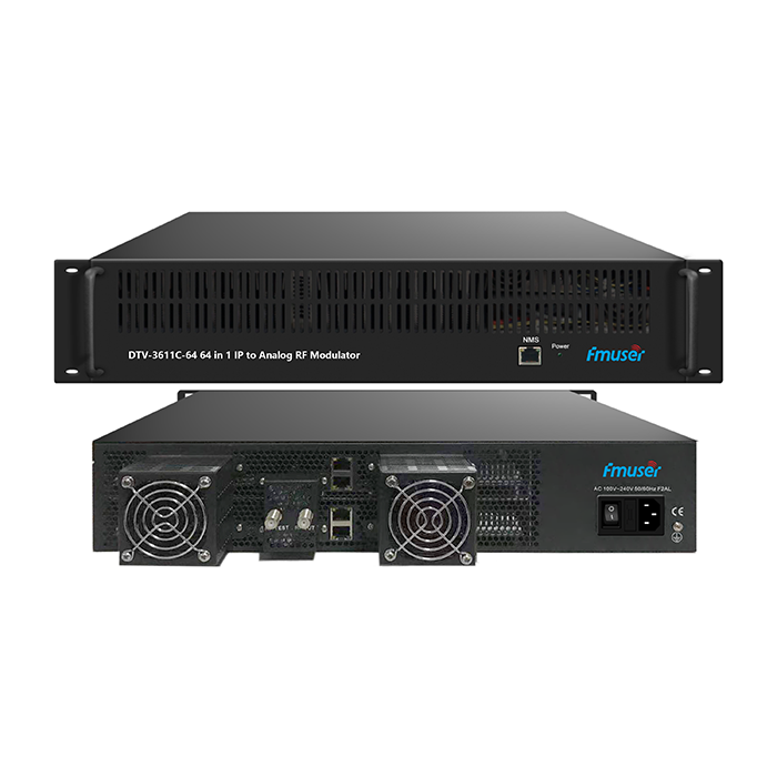 FMUSER DTV-3611C-64 IP (MPTS/SPTS) a través de 2/4 puertos GE (MPTS/SPTS) en modulador RF 64 PAL/NTSC/SECAM