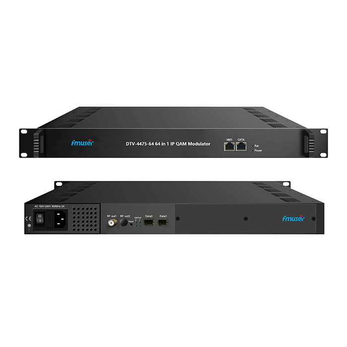 FMUSER DTV-4475-512/1024/1536/512 IP (MPTS или SPTS) через 3/6 портов GE (UDP/RTP) в 64 модуляторах QAM (DVB-C) с мультиплексным скремблированием