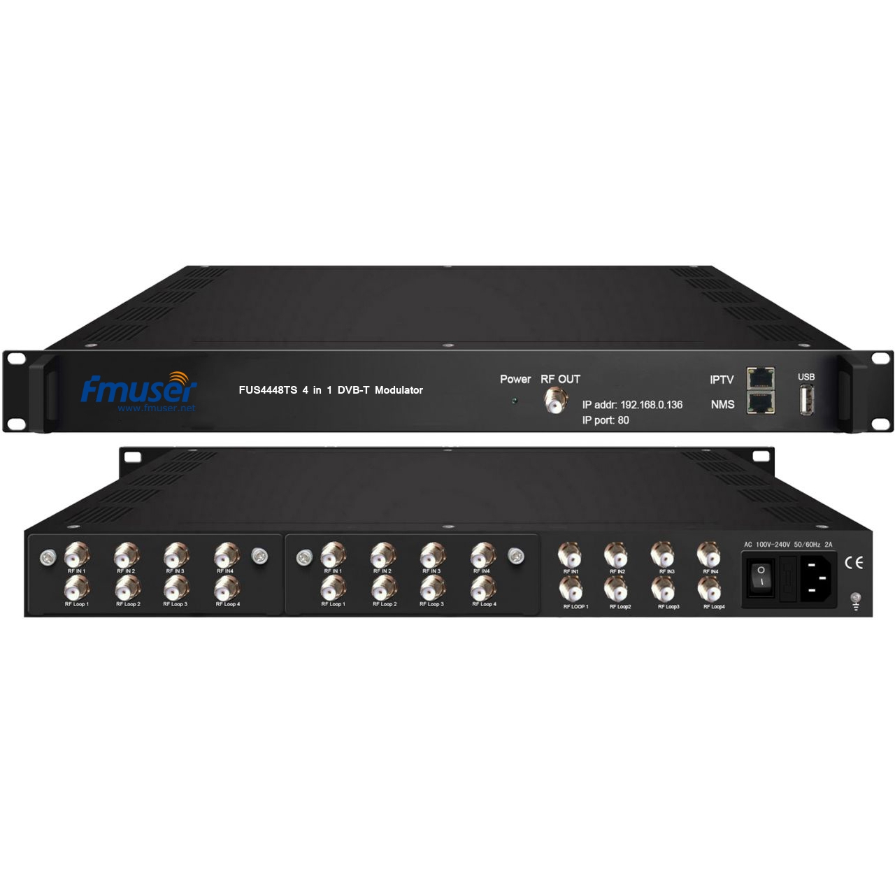 FMUSER FUS4448TS 8/4 × DVB-S / S2 kuni 4 × DVB-T modulaatori Bissi desigrammeerimine Remuxi ja Crossmuxi abil