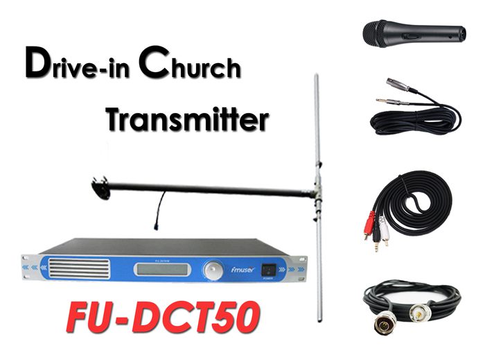 Großhandel Amazon FMUSER FU-DCT50 ​​50-Watt-FM-Sender + DP100-Dipolantenne + Kabel + Mikrofonset für Drive-In-Gottesdienste / Kino / Parkplätze